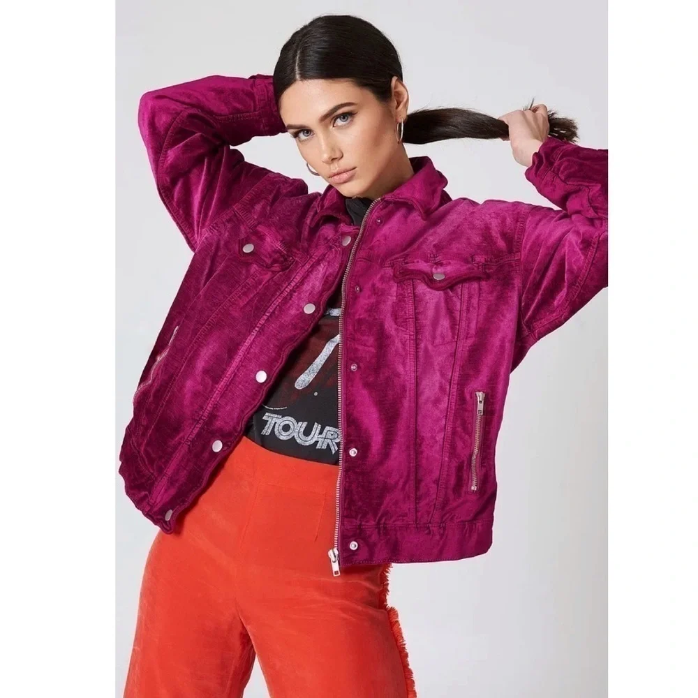 Pree People velvet trucker jacket in pink XS - Picture 2 of 14